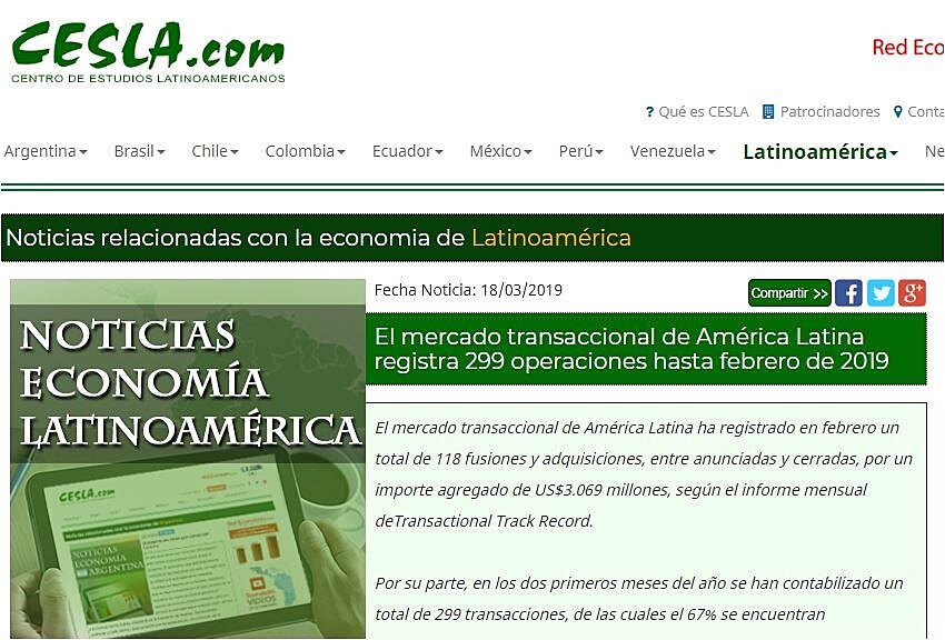 El mercado transaccional de Amrica Latina registra 299 operaciones hasta febrero de 2019